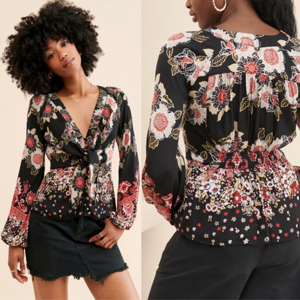 FREE PEOPLE Run Free Satin Blouse Floral Front Tie V-Neck Size XS